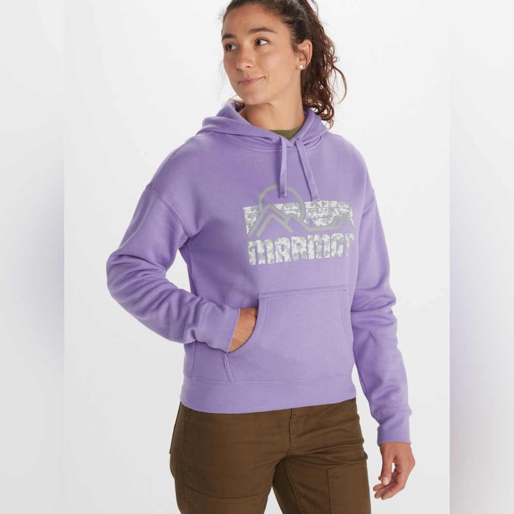 NEW Marmot Womens Size Small Violet Outdoor Hoodie Sweatshirt w/ Camo Print Logo
